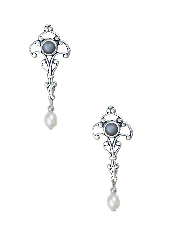 Sterling Silver Romantic Victorian Drop Dangle Earrings With Grey Moonstone